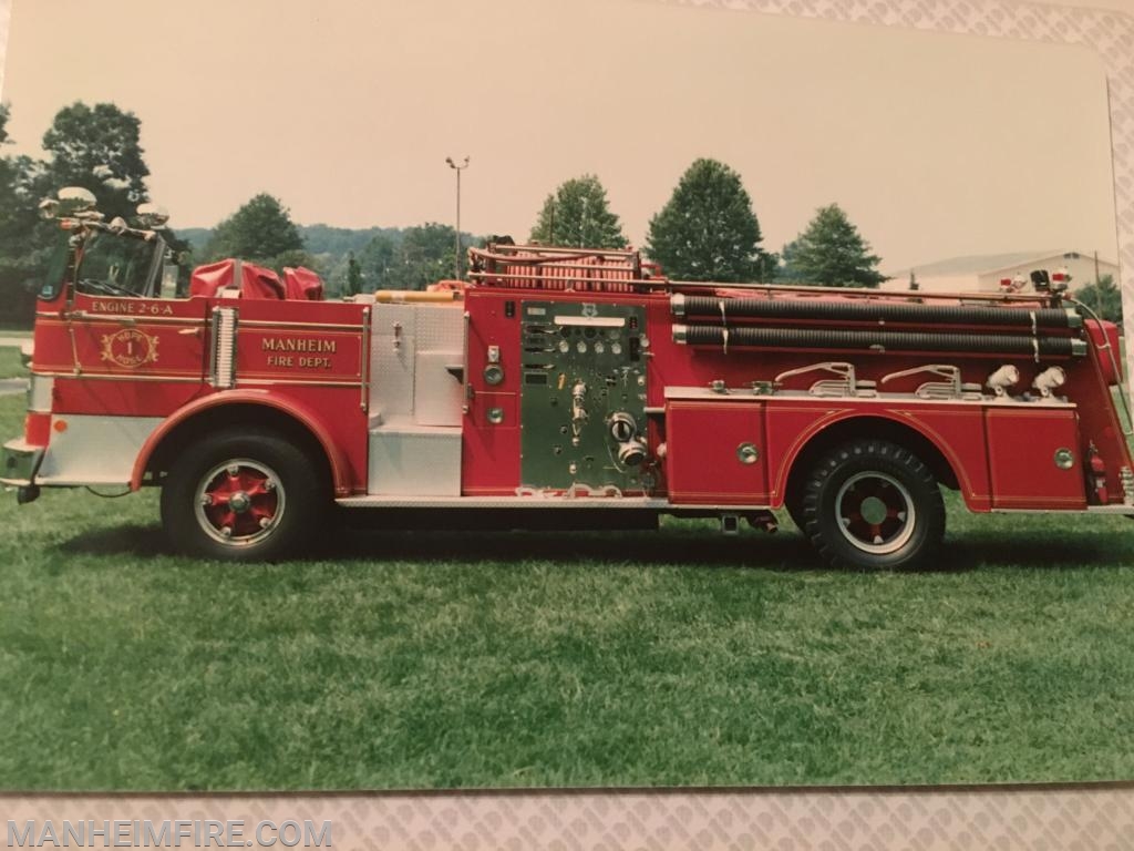 1970 Howe 1,000 gpm pumper with 500 gallon water tank was purchased to replace the 1954 Seagrave for a cost of $33,000. It carried 2,000 feet of 3 inch hose, 600 feet of 2 inch hose, and 600 feet of 1 inch hose. This pumper was equipped with a Detroit Diesel engine and an automatic transmission, the first of its kind in Lancaster County. This was sold in 1987 to Jon’s Used Fire Equipment for $18,000. “Engine 2-6-A”